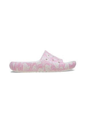 Pink og hvid badesandal med blomsterprint, lukket tå-design og ventilationshuller på overdelen, vist i profil på en hvid baggrund.