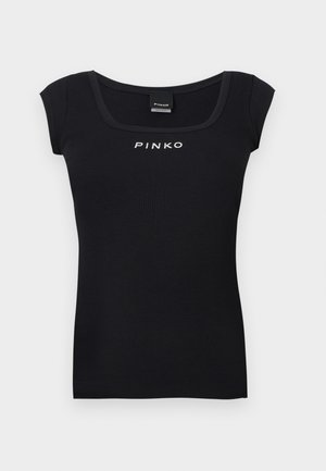 Sort kortærmet ribbet top med firkantet halsudskæring og hvidt "PINKO"-logo centreret på brystet.