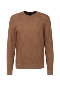 Brauner Strickpullover mit strukturiertem Fischgrätmuster, Rundhalsausschnitt sowie gerippten Bündchen und Saum.