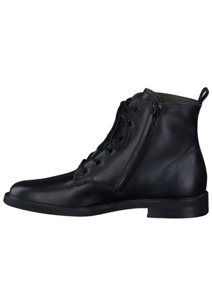 Black leather ankle boot with a round toe, lace-up front, side zipper, and flat sole. Features smooth texture and stitched detailing.