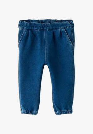 Mėlynos džinsinio tipo kelnės su elastinga juosta, dviem šoniniais kišenių ir sutrauktomis rankovėmis ties kulkšniais. Lygi tekstūra ir paprastas dizainas.