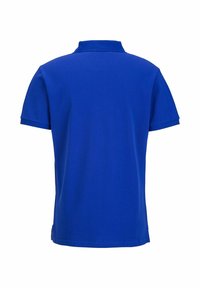 Blauwe polo gemaakt van katoen, met een klassieke kraag en korte mouwen, met een gladde textuur en eenvoudig ontwerp.