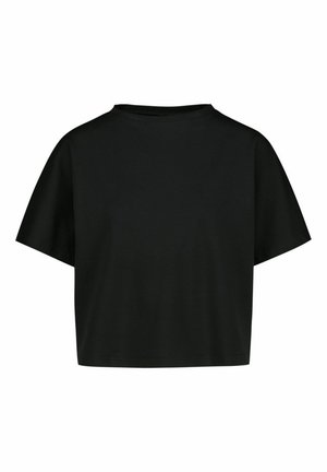 Zwart, cropped T-shirt met korte mouwen en een ronde halslijn, weergegeven op een effen witte achtergrond.