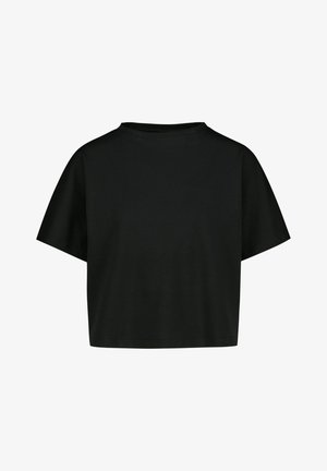 Zwart, cropped T-shirt met korte mouwen en een ronde halslijn, weergegeven op een effen witte achtergrond.