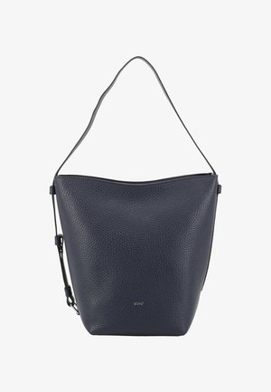 Dark navy leather bucket bag with a textured finish, featuring a single shoulder strap and a minimalist design. Small embossed logo at the bottom.