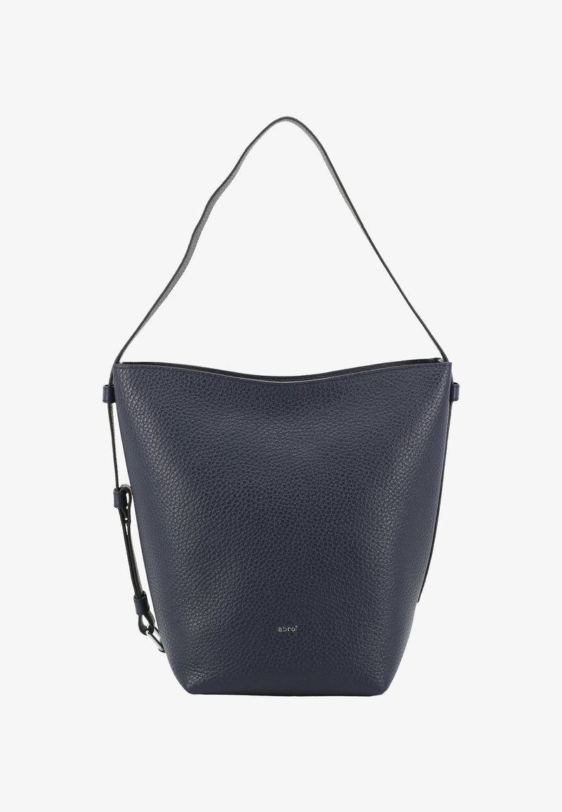 Dark navy leather bucket bag with a textured finish, featuring a single shoulder strap and a minimalist design. Small embossed logo at the bottom.