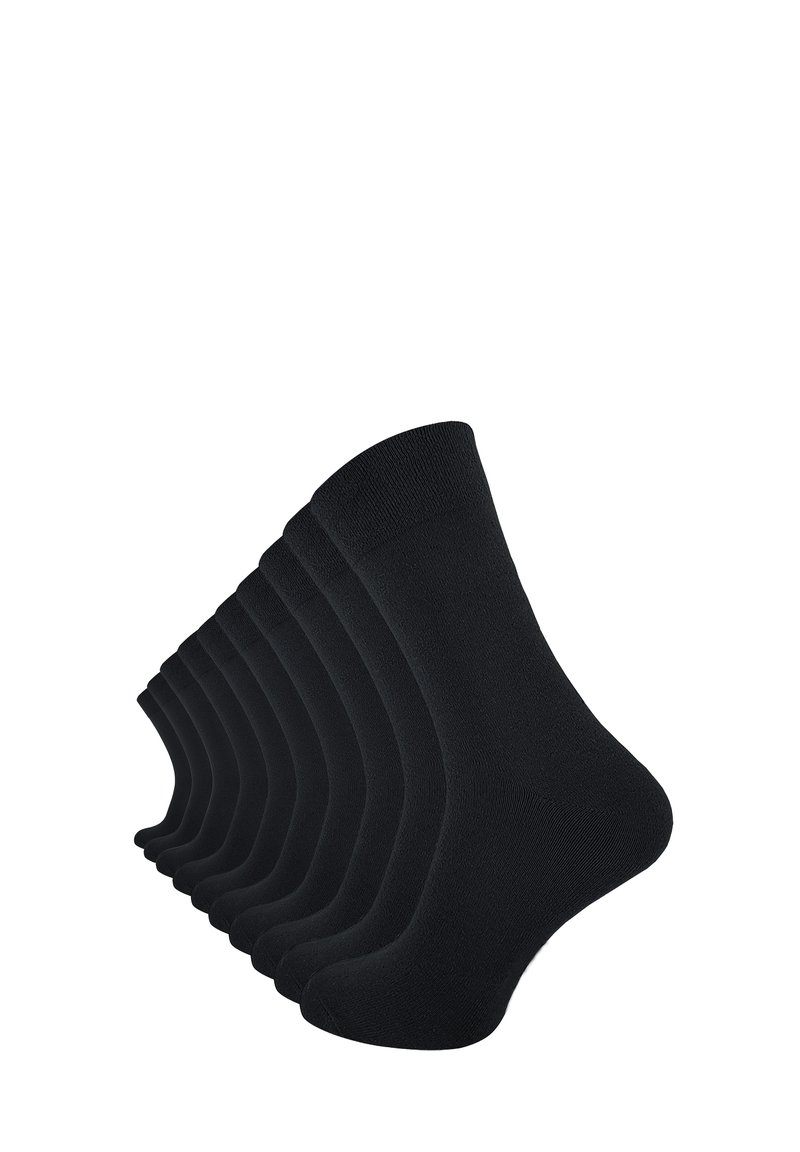 Dieci paia di calzini neri in cotone con una texture liscia, tallone e punta rinforzati, design classico a crew.