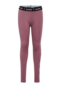 Legginsy w kolorze mauve, wykonane z elastycznego materiału, z czarnym paskiem w talii z logo i kontrastującymi wzorami po bokach.