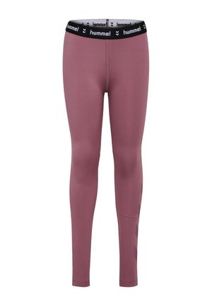 Leggings in een mauve kleur, gemaakt van rekbare stof, met een zwarte tailleband met logo en contrasterende patronen aan de zijkant.