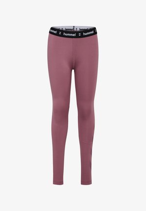 Leggings in einem Mauve-Farbton, aus dehnbarem Stoff, mit einem schwarzen Bund mit Logo und kontrastierenden Mustern an der Seite.