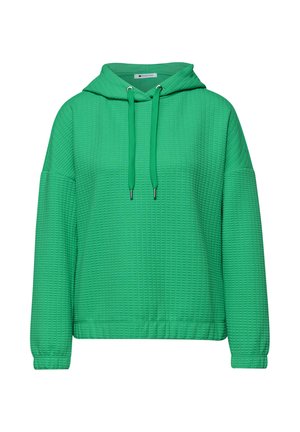 Sweat à capuche vert texturé avec poche avant, manches longues, capuche avec cordon de serrage, poignets et ourlet côtelés.
