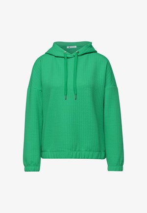 Felpa verde con texture, con tasca frontale, maniche lunghe, cappuccio con coulisse e polsini e orlo a costine.