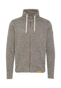Grå lynlåset sweatshirt med høj krave, der har kontrasterende cremede snore, to frontlommer og et lædermærke i kanten.