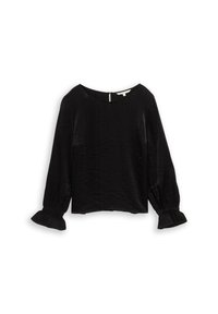 Blouse noire à manches longues avec col rond et poignets élastiques à volants, présentée à plat sur fond blanc.