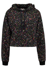 Felpa nera cropped con un motivo floreale multicolore, cappuccio con cordino e polsini a coste per una vestibilità aderente. Logo rosso sul petto.