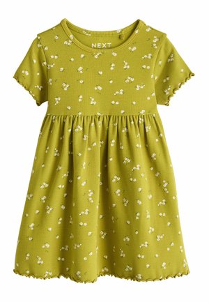 Grünes, geripptes Kurzarmkleid für Kleinkinder mit kleinem weißem Blumenmuster und gerafften Kanten an Ärmeln und Saum.