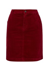 Jupe en velours côtelé rouge foncé avec fermeture à boutons et zip à l'avant, passants pour ceinture, poches latérales, longueur genou, coupe droite.