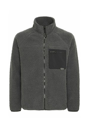 Gray fleece jacket with a high collar, zip closure, and black zippered chest pocket. Textured fabric and black accents define its design.