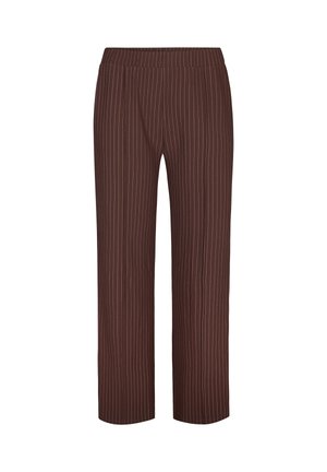 Bruine broek met rechte pijpen, fijne witte verticale krijtstreepjes en een elastische tailleband.