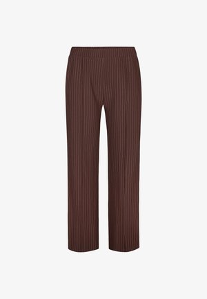 Bruine broek met rechte pijpen, fijne witte verticale krijtstreepjes en een elastische tailleband.