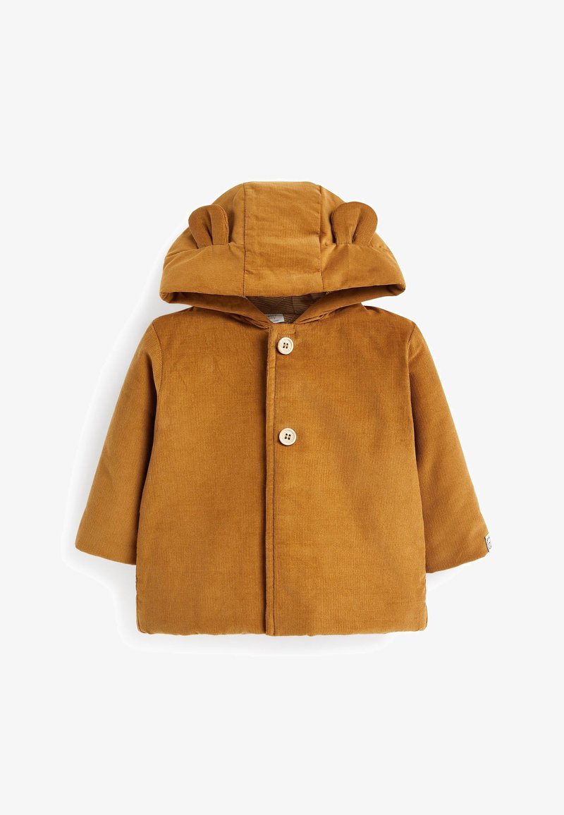 Veste en velours côtelé marron avec une capuche ornée d'oreilles d'ours, deux boutons à l'avant et une texture douce. Conçue pour les enfants.