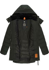 Tmavozelená zateplená bunda s kapucňou, so soft čiernym podšívkovým vrstvou, vzorovaným interiérom a oranžovým značkovým štítkom na leme.