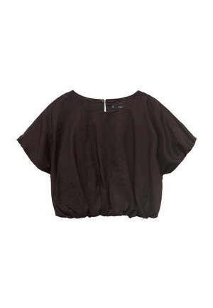 Černý zkrácený top s širokým výstřihem, krátkými rukávy a nařaseným lemem. Vyroben z lehkého materiálu s jemnou texturou a zadním zipem.