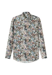 Long-sleeve shirt featuring a multicolored floral and paisley pattern on a light background, made of lightweight fabric with a classic collar.