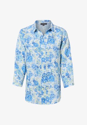 Damska koszula z długim rękawem zapinana na guziki, z niebieskim i jasnozielonym kwiatowym wzorem na białym tle.