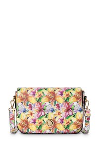 Borsa a tracolla floreale con un design brillante in giallo, viola e verde. Realizzata in ecopelle con accessori in tonalità oro.