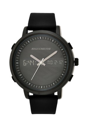 Reloj de pulsera Skechers negro con manecillas analógicas y pantalla digital que muestra las 18:44 y la fecha 02-12 en una correa de silicona negra.