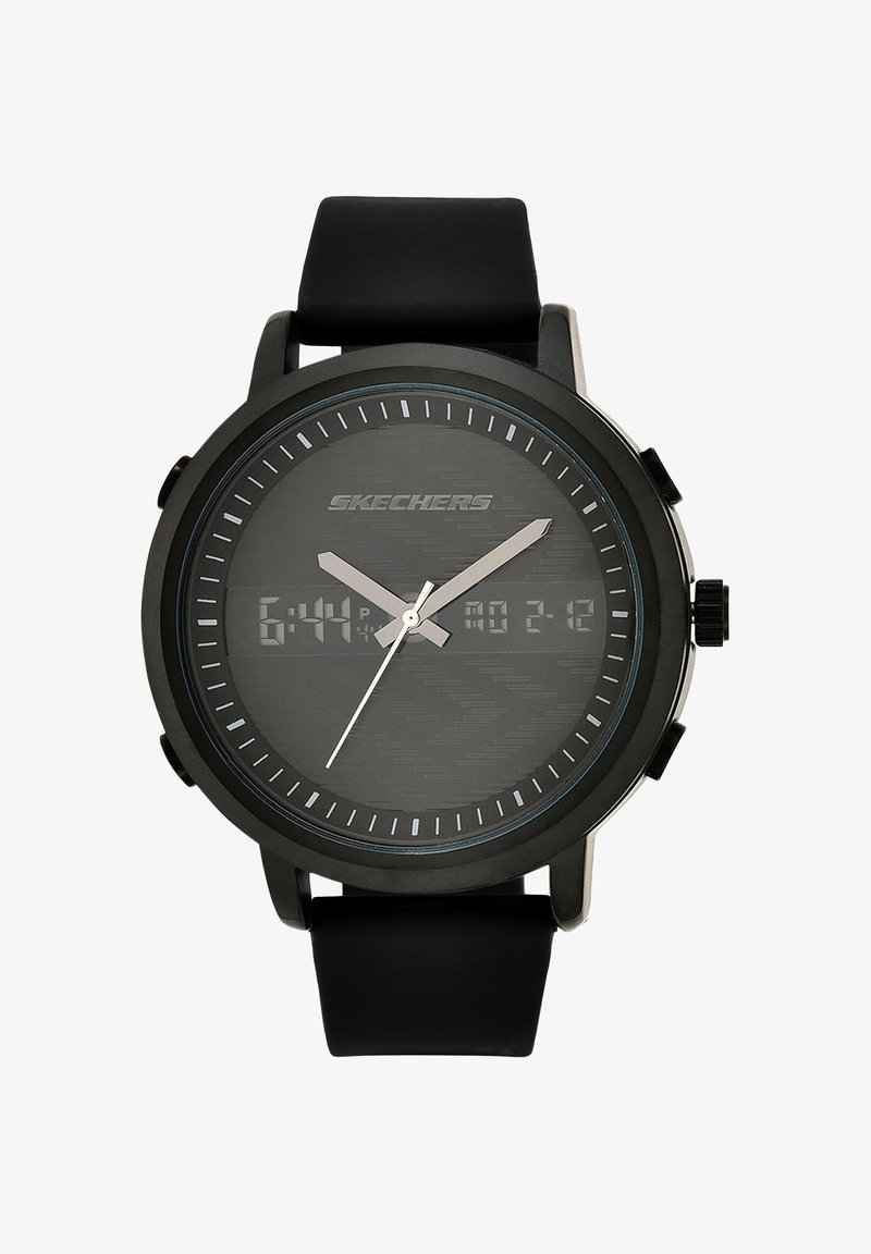 Czarny zegarek na rękę Skechers z analogowymi wskazówkami i cyfrowym wyświetlaczem pokazującym godzinę 18:44 i datę 02-12 na czarnym silikonowym pasku.
