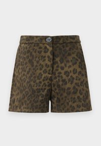 Brown leopard print shorts with a button closure, featuring a smooth texture and tailored fit. Edge has a clean finish with no embellishments.