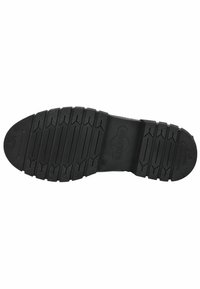 Suela de zapato de goma negra con textura, que presenta surcos horizontales y verticales alternos para ofrecer agarre y estabilidad.