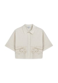 Beige Hemd mit einem Kragen, kurzen Ärmeln und aufwendiger Stickerei mit Fischmustern auf der Vorderseite. Strukturierter Leinenstoff.