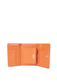 Orange leather wallet, featuring multiple card slots, a zippered coin pocket, and a logo. Smooth texture with a fold-open design.