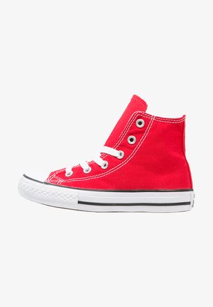 Red canvas high-top sneaker with white laces, rubber toe cap, and black stripe on the sole. Features two metal eyelets for ventilation.