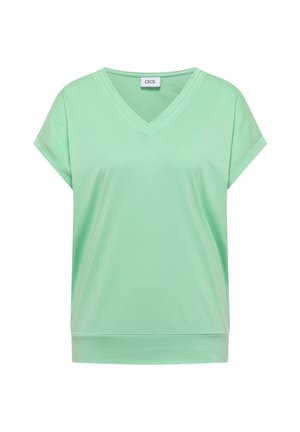 Haut vert clair à manches courtes avec col en V, large ourlet et étiquette cousue à l'intérieur de l'encolure portant la mention "CECIL."