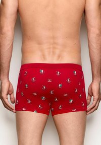 Röda boxerkalsonger med ett mönster av små illustrerade karaktärer på ett slätt, elastiskt tyg. Midjebandet är platt och åtsittande.