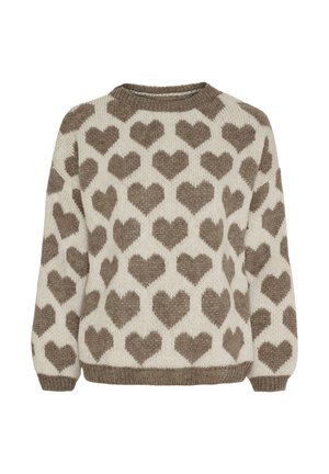 Strikket sweater med en cremefarvet baggrund og brunt hjerte mønster, med rund halsudskæring og ribstrikkede ærmer og kant.