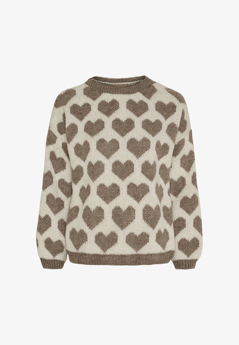 Strikket sweater med en cremefarvet baggrund og brunt hjerte mønster, med rund halsudskæring og ribstrikkede ærmer og kant.