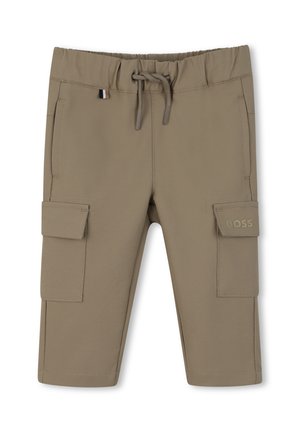 Beige toddler cargo pants with elastic waistband, drawstring, side pockets, and flap pockets labeled "BOSS" on the right leg.