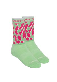 Gröna strumpor med ett rosa abstrakt mönster, med ribbad krage och en logotyp högst upp, tillverkade av ett mjukt, elastiskt material.
