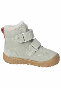 Kinderstiefel aus hellgrauem Wildleder mit zwei verstellbaren Klettverschlüssen, pinkem Futter aus Kunstfell und einer strukturierten braunen Gummisohle.