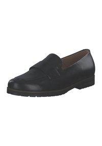 Mocassino in pelle nera con finitura liscia, punta arrotondata e una larga fascia sulla parte superiore. Presenta un tacco in gomma basso e una suola testurizzata.