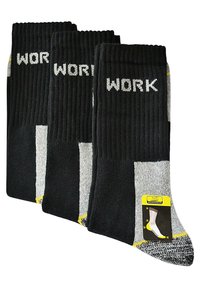 Schwarze und graue Arbeitssocken mit Rippbündchen, "WORK"-Schriftzug und gelben Akzenten an der Ferse, verpackt in einem Set von drei.