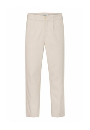 Beige trousers made from a textured fabric with a straight cut, featuring a front button closure and side pockets.