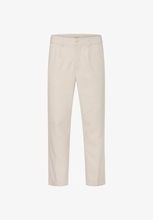 Pantaloni beige realizzati in un tessuto texture con taglio dritto, dotati di chiusura frontale con bottone e tasche laterali.