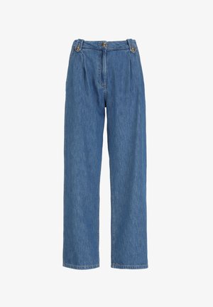 Blue denim trousers with a high waist, pleats at the front, and gold-tone hardware at the waistband. Wide, straight legs and a smooth texture.