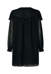 Vestido negro transparente de manga larga con yugo con volantes y ribete con tachuelas, puños elásticos y dobladillo recto.